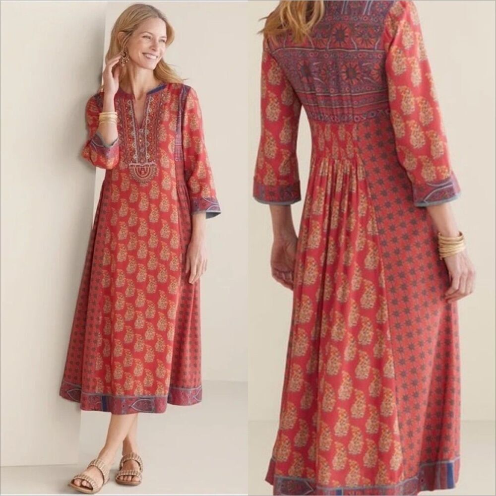 Soft Surroundings Phoenix Midi Dress Size Medium NWT Red Beaded Embroidered Boho